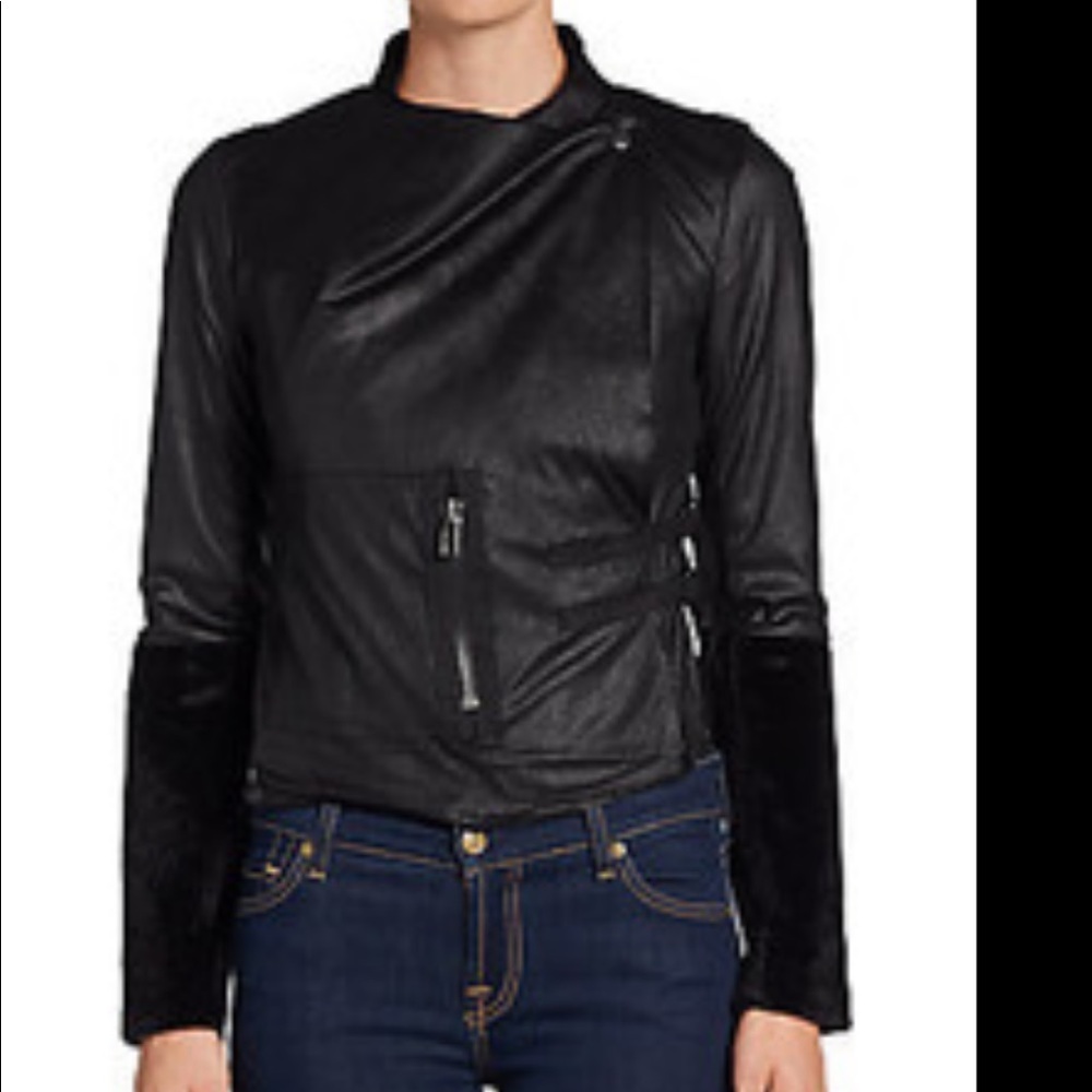 RED Saks Fifth Avenue Black Moto Mixed Media Cropped Jacket Size Small NWT